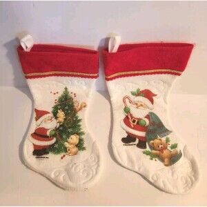 Two Vintage Morehead Felt Santa Christmas Stocking Santa Teddy Bears Cute!